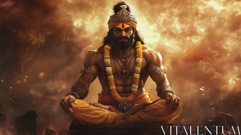 Muscular mythic yogi in lotus pose amid fiery clouds.