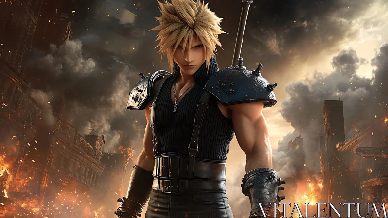 Spiky haired warrior in armored gear amid burning ruins.