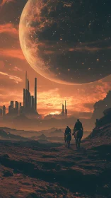 Digital painting of alien frontier riders under colossal moon.