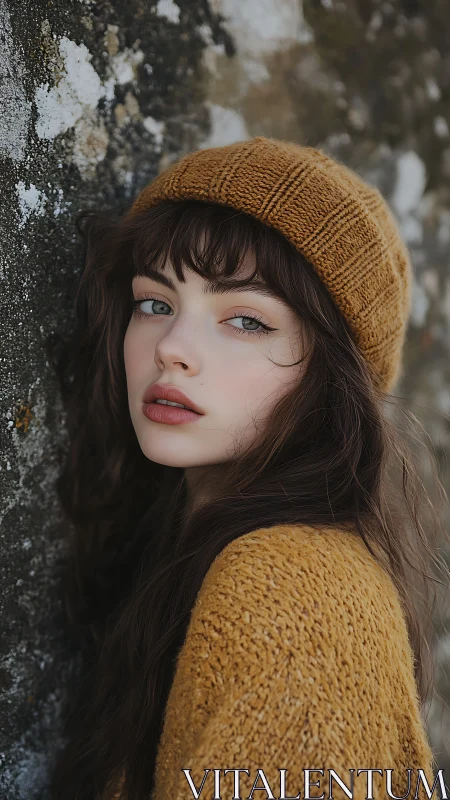 Soft autumn portrait of young woman in mustard knitwear.