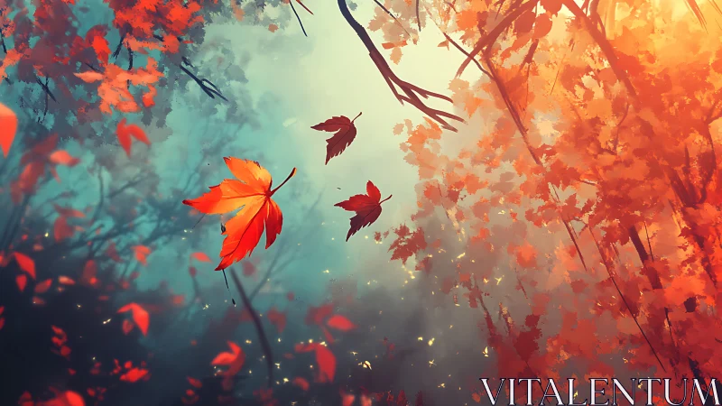 Autumn maple leaves drift through glowing forest canopy