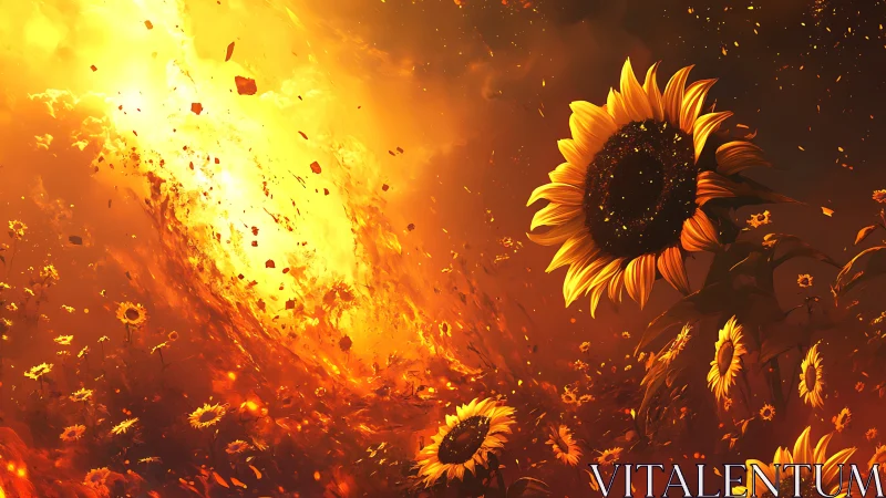 Sunflowers glowing with firelit sky and swirling golden sparks.