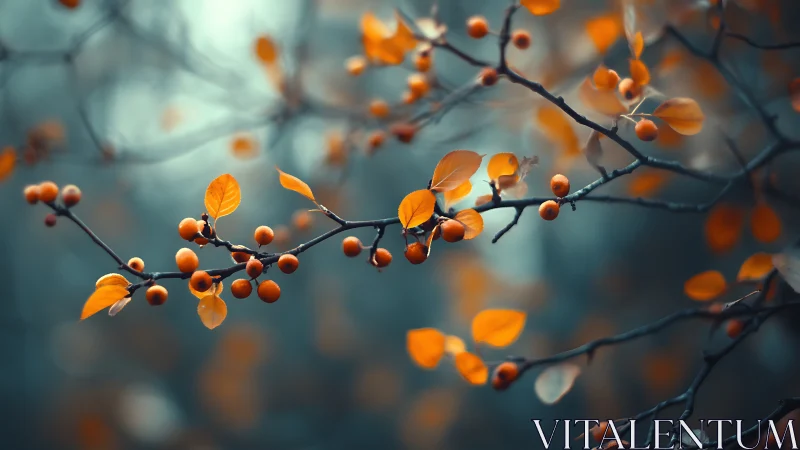 Autumn Branch with Orange Leaves and Berries in Soft Focus Style.
