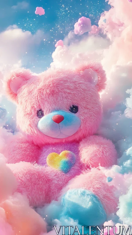 Pink plush teddy bear rests in pastel fantasy cloudscape