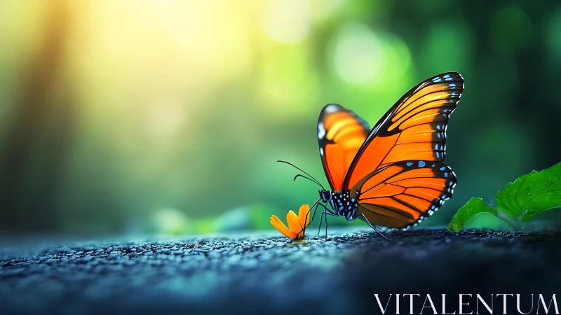 Orange butterfly on small flower over textured surface.