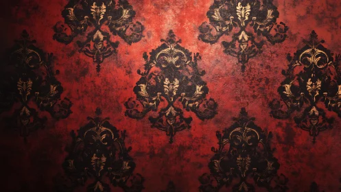 Rich red damask wall invites warm, dramatic elegance