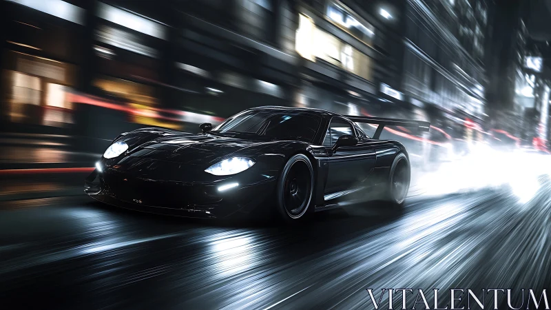 Midnight supercar races through neon soaked city streets
