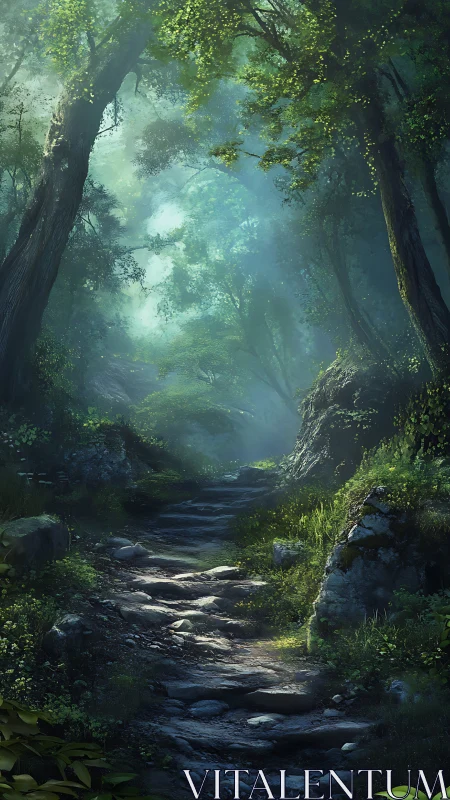 Enchanted Forest Path Through Ancient Trees.