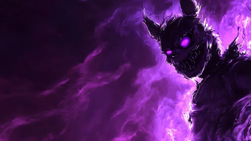 Shadowy horned figure in purple energy haze, right aligned.