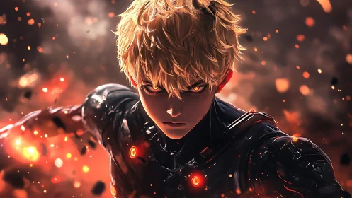 Cybernetic youth in armored exosuit amid flying embers.