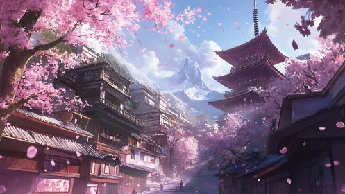 Cherry blossom lined pagoda street under distant mountain.