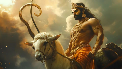 Mythic warrior on white bull under stormlit sky period.