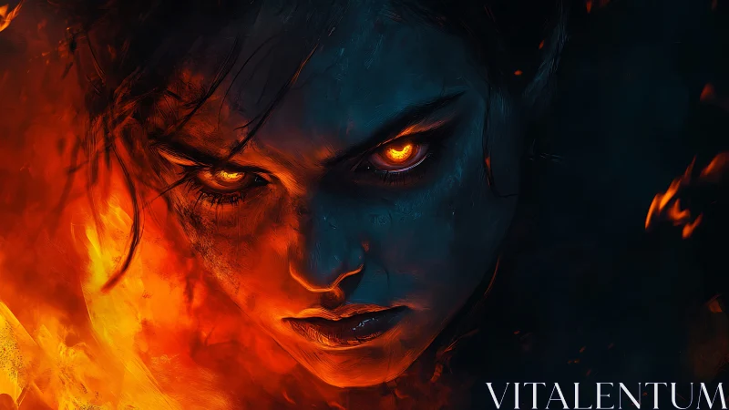 Digital portrait presents central face with contrasting fire and shadow