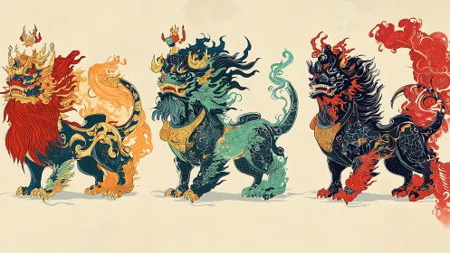 Triptych of elemental guardian lions in ornate digital linework.