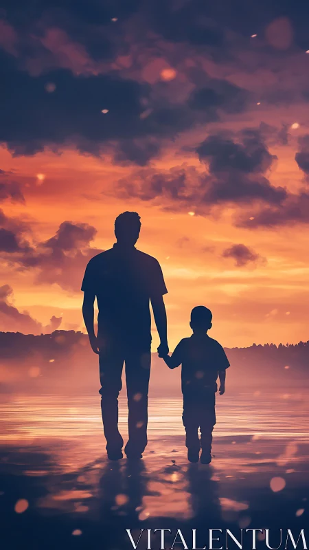 Silhouetted shorewalkers trade secrets with the embered sky