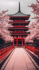 Cherry blossom path leads toward vivid red Japanese pagoda