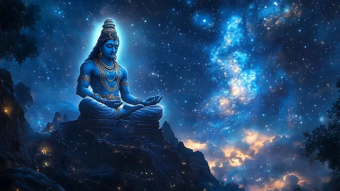 Blue seated deity amid star field and illuminated clouds.