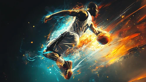 Dynamic basketball dunk explodes through vivid energy trails