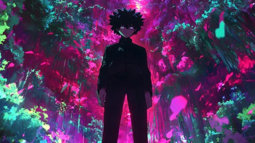 Psychedelic forest engulfs stoic anime boy in neon storm.