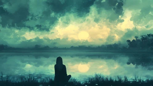 Quiet soul enjoys a dreamy sunset by the calm lakeshore