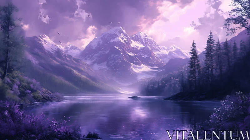 Purple-tinted digital mountains rise above reflective lake