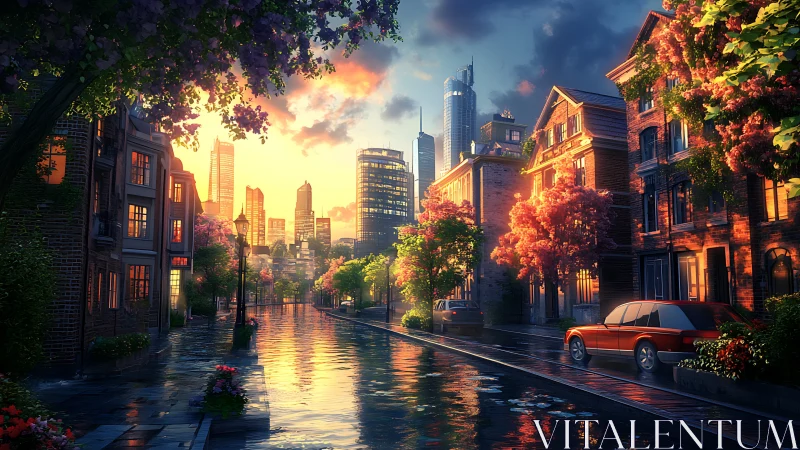 Sunlit rainy boulevard merging historic brownstones and glass.