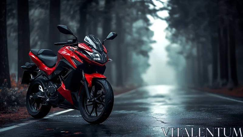 Sport motorcycle on wet forest road under moody atmospheric lighting