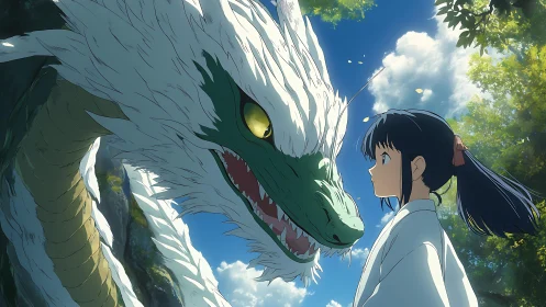 Girl faces white dragon under bright blue summer sky.
