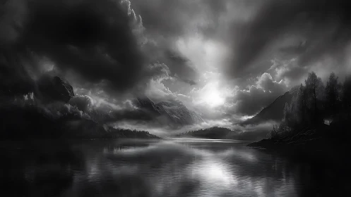 High-contrast monochrome lake valley under dense storm cloud stratification