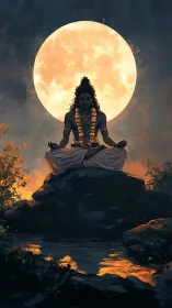 Seated figure in lotus posture aligns with large full moon