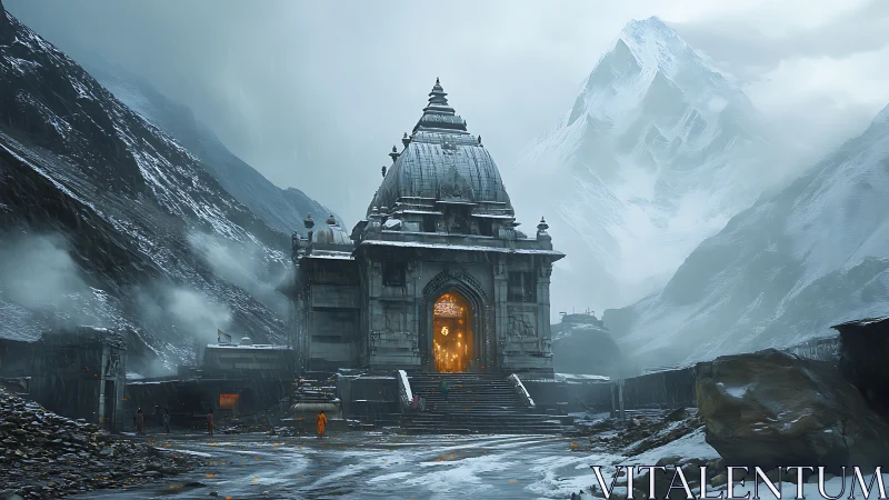 Snow-covered mountain temple entrance with glowing interior.