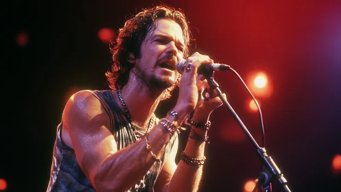 Male vocalist performing on stage under warm concert lights.