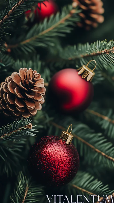 Red baubles and pine cones on dark green Christmas tree.