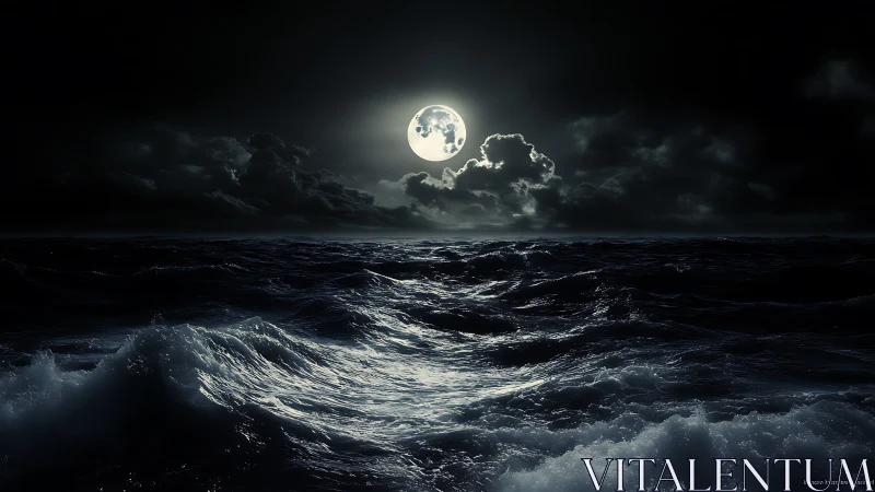 Full moon illuminating turbulent open sea at night.