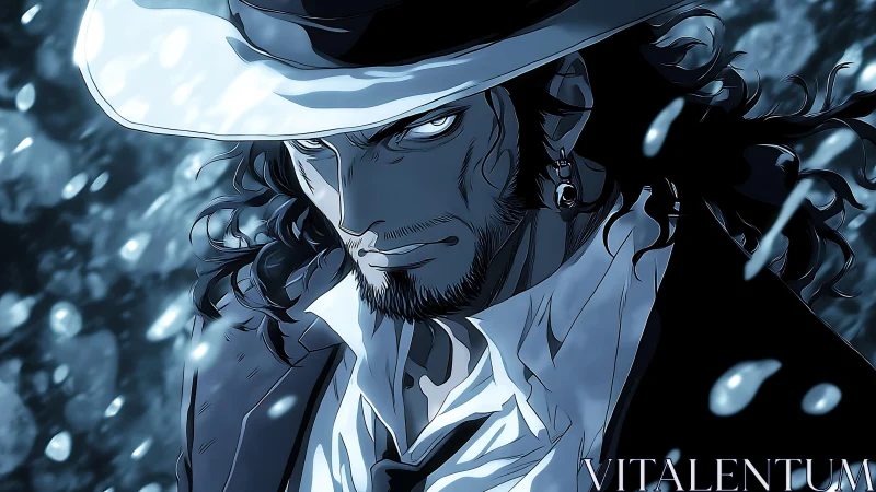Brooding gunslinger in stormlit noir anime portrait.