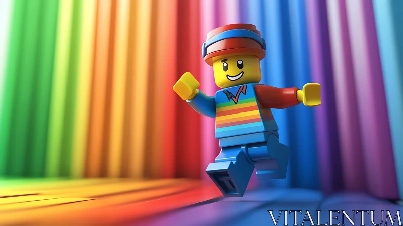 Lego minifigure jumps across bright rainbow plastic stripes