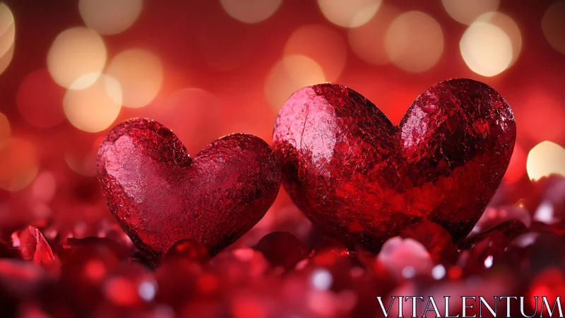 Luminescent Hearts Against Burgundy Bokeh with Glitter Accents.
