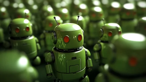 Green toy robot stands out within blurred metallic crowd