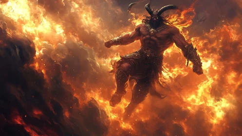 Horned inferno warlord storms through churning molten clouds