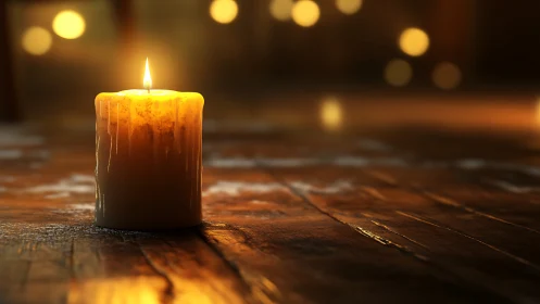 Luminescent paraffin wax candle with trailing melt patterns on wooden surface.