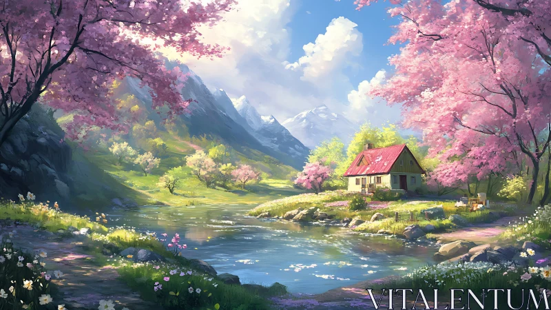 Spring cottage rests beside a tranquil river under blossoms