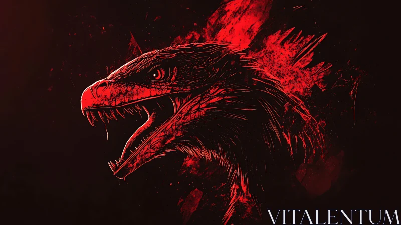 Ferocious red raptor head lunges from abstract darkness.