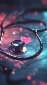 Stethoscope with Neon Heart Luminescence Medical Visualization.