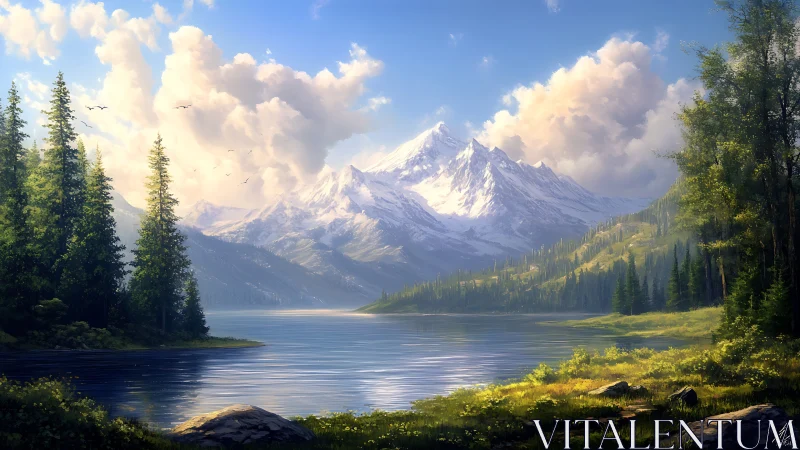 Snowy mountain range rises above calm forest lake scene