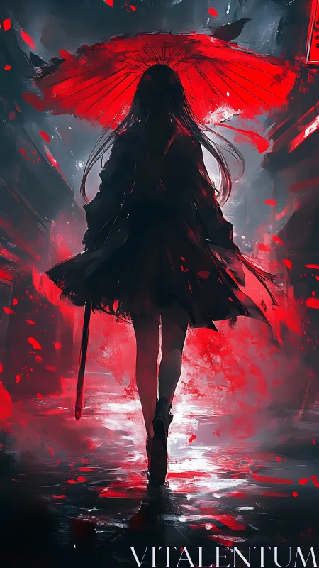 Shadowy girl with red umbrella in a rainlit city night.