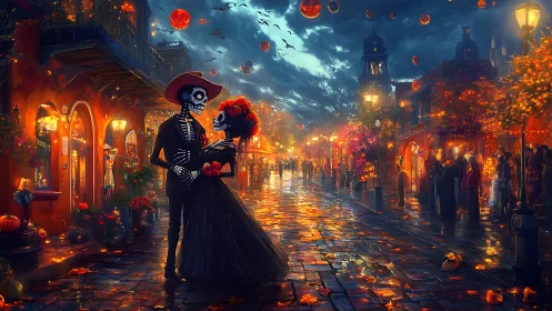 Skeletal Romance: Day of the Dead Street Scene Digital Composition.