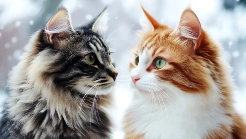 Two Long-Haired Cats in Close Profile Juxtaposition.