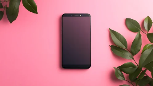 Black smartphone centered on pink background with greenery.