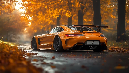 Golden sports car glows gently along a misty autumn road