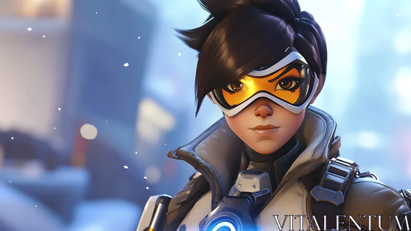 Futuristic female hero in winter city with glowing tech gear.